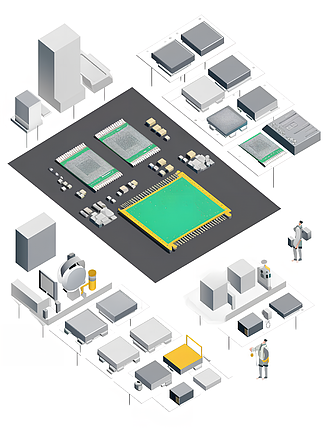 半導體芯片制造工廠的插畫與集成電路設計元素